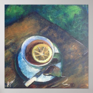 Póster té en una taza con limón en el jardín