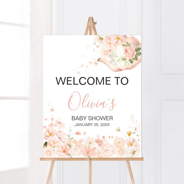 Póster Té floral rosado para dos bienvenidos a Baby Showe (Pink Floral Tea for Two Baby Shower Welcome Sign)