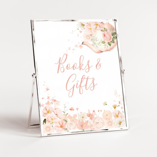 Póster Té floral rosado para dos libros y regalos de Baby (Pink Floral Tea for Two Baby Shower Books and Gifts Sign)