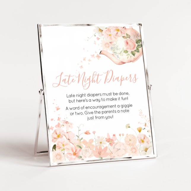 Póster Té floral rosado para dos pañales nocturnos (Pink Floral Tea for Two Baby Shower Late Night Diapers Sign)