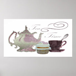 Póster Té time lilac teapot, teacup y cupcake Poster