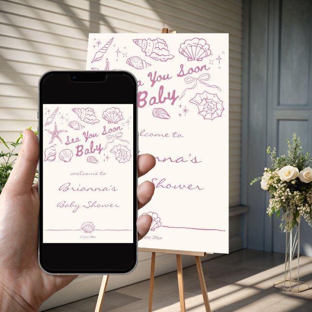 Póster Te veo pronto conchas de bebé shower bienvenida se (Sea you soon pink hand drawn seashells baby shower personalized welcome sign poster template)