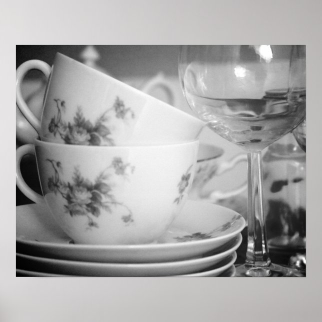 Póster Té y goblets florales en blanco y negro 16x20 (Frente)