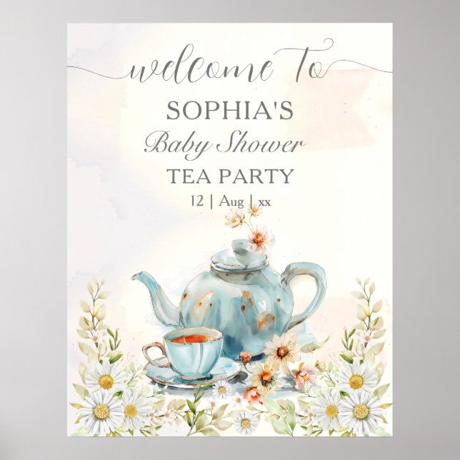 Póster Tea Fiesta acuarela Teapot Boy Baby Shower (Frente)