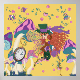 Póster Tea Fiesta Fairy, Vintage Watch y champiñones
