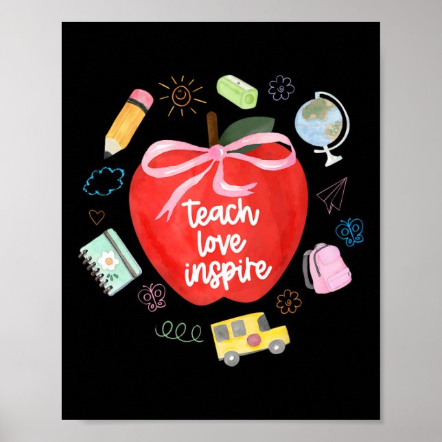 Póster Teach Love Inspire Teacher Coquette Bow Apple Back (Frente)