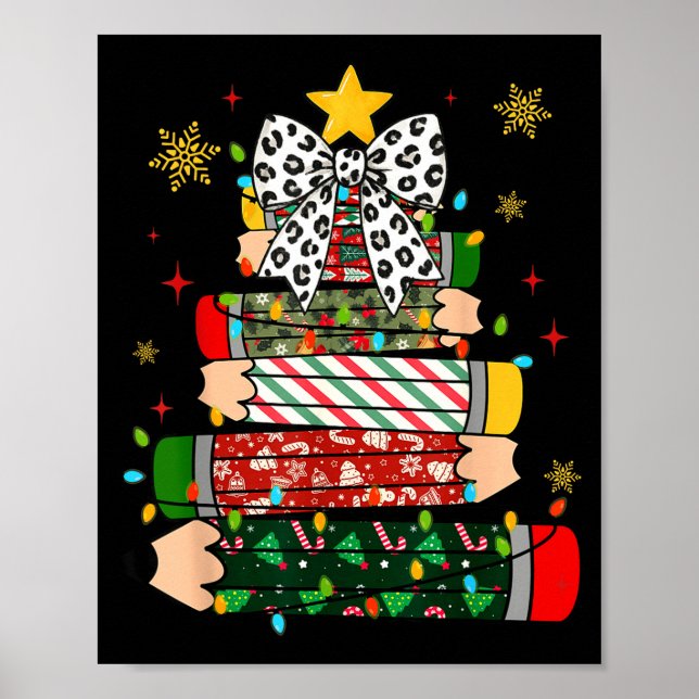Póster Teacher Christmas Tree Lights Pencil Leopard Print (Frente)