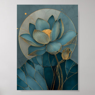 Póster Teal and Gold Lotus Flower Geometric Line Art Zen