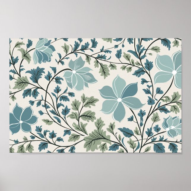 Póster Teal and Green Floral Pattern on Cream Background (Frente)