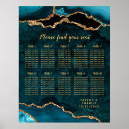 Póster Teal Blue and Gold Agate Wedding Seating Chart