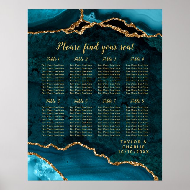 Póster Teal Blue and Gold Agate Wedding Seating Chart (Frente)