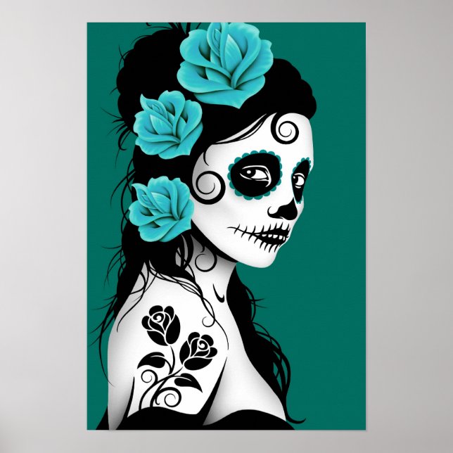 Póster Teal Blue Day of the Dead Sugar Skull Girl (Frente)