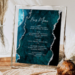 Póster Teal Blue Silver Agate Script Wedding Bar Menu 