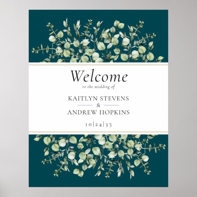 Póster Teal Eucalyptus Wedding Welcome  (Frente)
