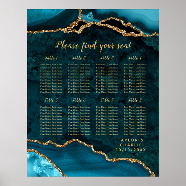 Póster Teal Gold Agate Wedding Seating Chart 8 Table (Frente)