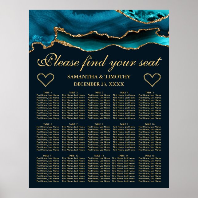 Póster Teal Gold Faux Glitter Agate Wedding Seating Chart (Frente)