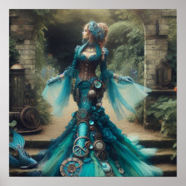 Póster Teal Mermaid Steampunk Vintage Victorian Lady