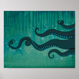 Póster Teal Octopus Tentacles Acrylic Painting Poster