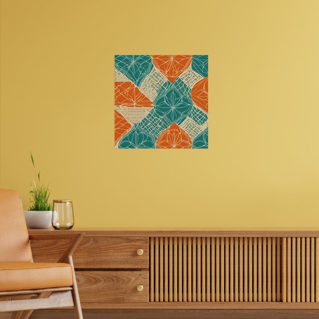Póster Teal, Orange, and Tan Abstract Flowers (Salón 2)