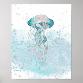 Póster Teal & Pink Sea Jellyfish Aquatic Themed