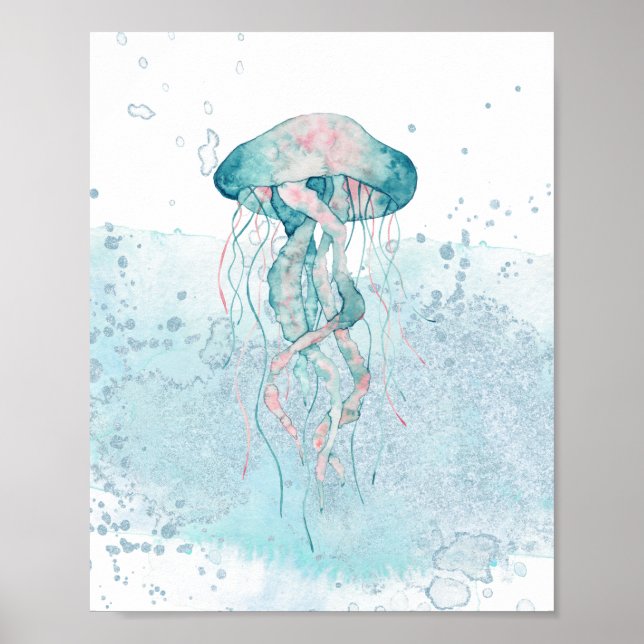 Póster Teal & Pink Sea Jellyfish Aquatic Themed (Frente)
