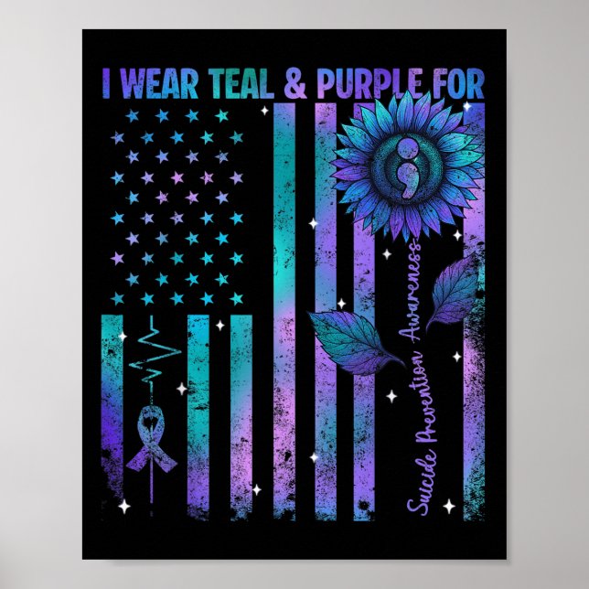 Póster Teal Purple Us Usa Flag Suicide Prevention Awarene (Frente)