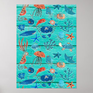 Póster Teal Rústico Madera & Amigos Bajo el Mar Caprichos