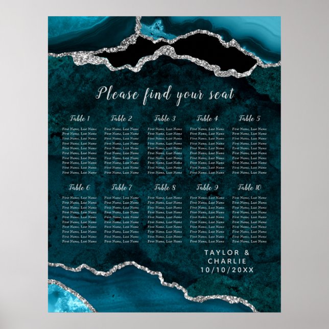 Póster Teal Silver Agate Wedding Seating Chart 10 Table (Frente)