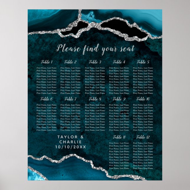 Póster Teal Silver Agate Wedding Seating Chart 12 Table (Frente)
