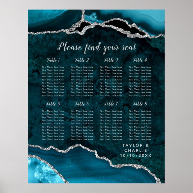 Póster Teal Silver Agate Wedding Seating Chart 8 Table (Frente)