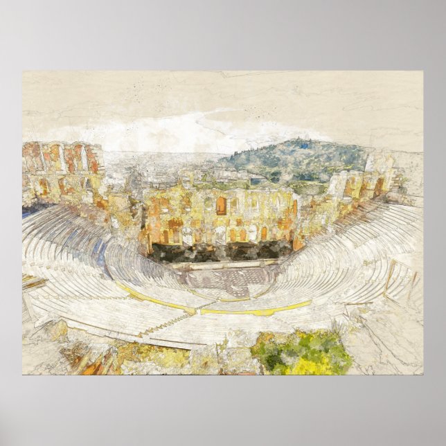 Póster Teatro acuarela antiguo de Atenas, Grecia (Frente)
