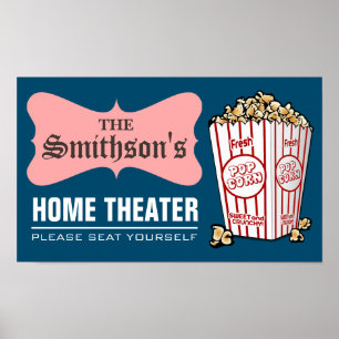 Póster Teatro en casa retro personalizado con apellido de