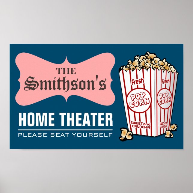 Póster Teatro en casa retro personalizado con apellido de (Frente)