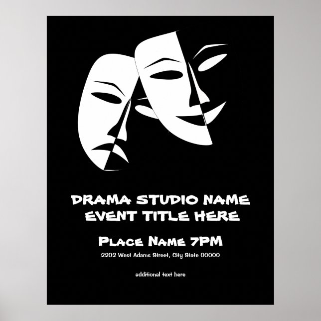 Póster Teatro Mask Comedia Tragedia Black White Evento (Frente)
