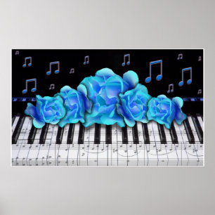 Póster Teclado Piano Rosas azules Tamaño colosal