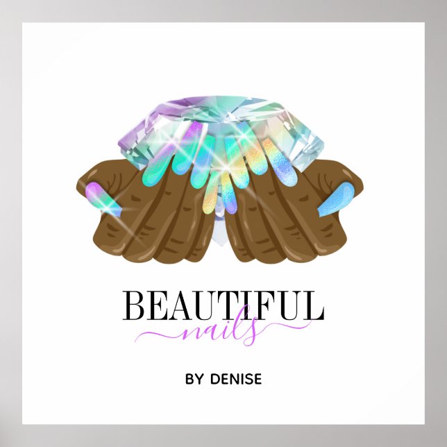 Póster técnico de uñas de mano de mujer en salón holográf (Frente)