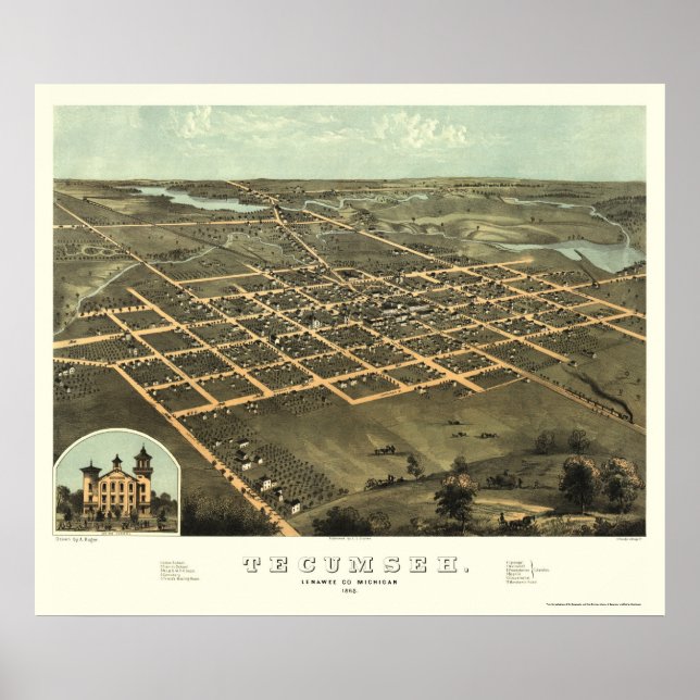 Póster Tecumseh, Mapa Panorámico MI - 1868 (Frente)