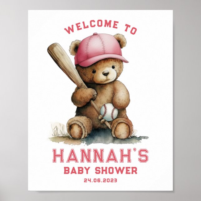 Póster Tedd Bear Baseball Player Boy Welcome Baby Shower (Frente)