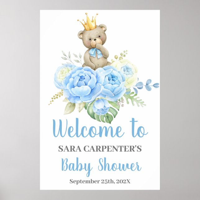 Póster Teddy Baby Shower Boy Blue Bear Welcome Sign (Frente)