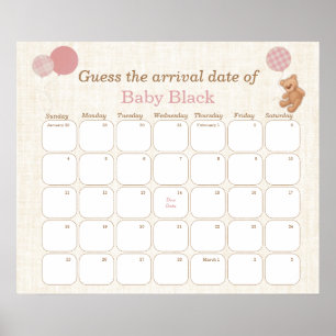 Póster Teddy Bear Baby Shower Guess The Due Date Calendar