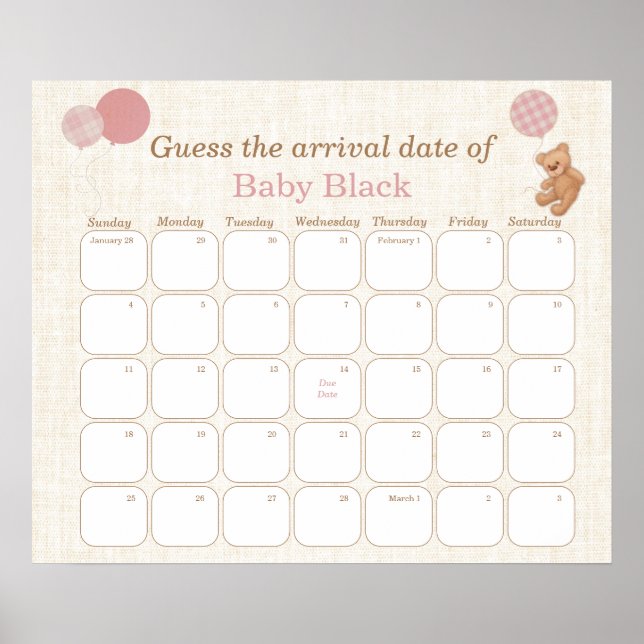Póster Teddy Bear Baby Shower Guess The Due Date Calendar (Frente)