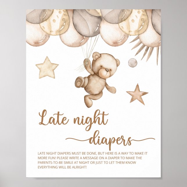 Póster Teddy Bear Baby Shower Late Night Diapers (Frente)