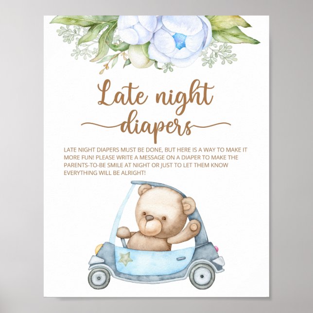 Póster Teddy Bear Baby Shower Late Night Diapers Poster (Frente)
