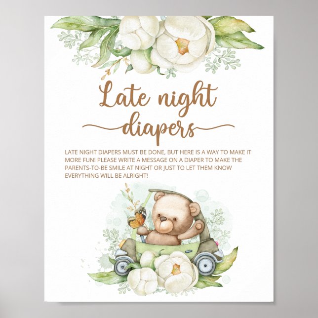 Póster Teddy Bear Baby Shower Tarde Noche Diapers Poster (Frente)