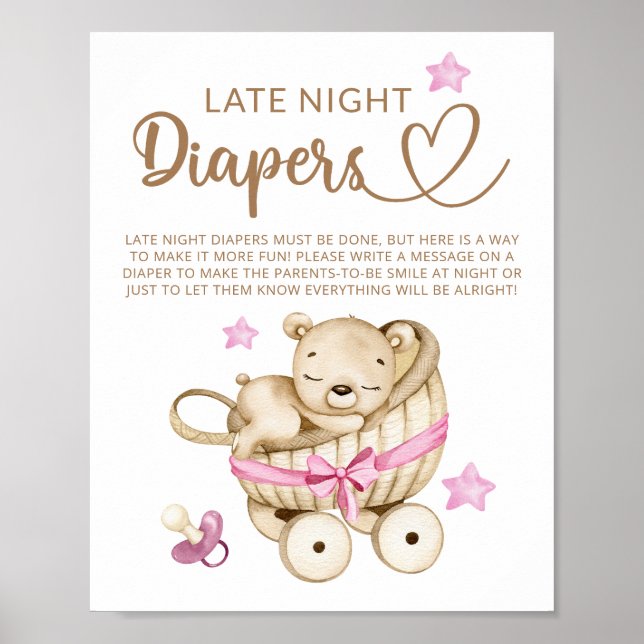 Póster Teddy Bear Baby Shower Tarde Noche Diapers Poster (Frente)