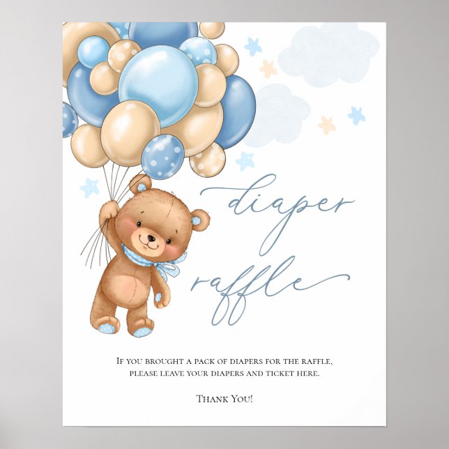 Póster Teddy Bear Balloons Baby Shower Diaper Raffle  Pos (Frente)