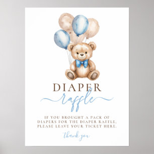 Póster Teddy Bear Balloons Boy Baby Shower Diaper Raffle
