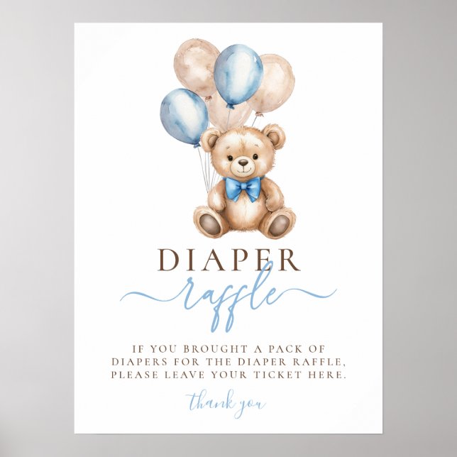 Póster Teddy Bear Balloons Boy Baby Shower Diaper Raffle (Frente)