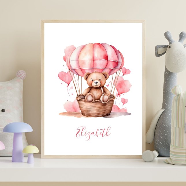 Póster Teddy Bear Balón de aire caliente Niña Bebé Rosa N (Watercolor Pink Teddy Bear in Hot Air Balloon baby girl Nursery Wall Art. Add her name)
