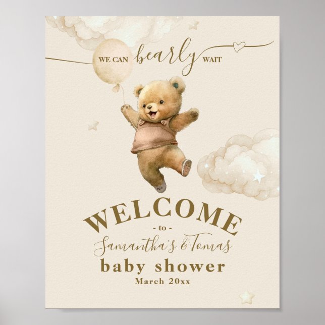 Póster Teddy Bear Bearly Wait Air Balloon Baby Shower (Frente)